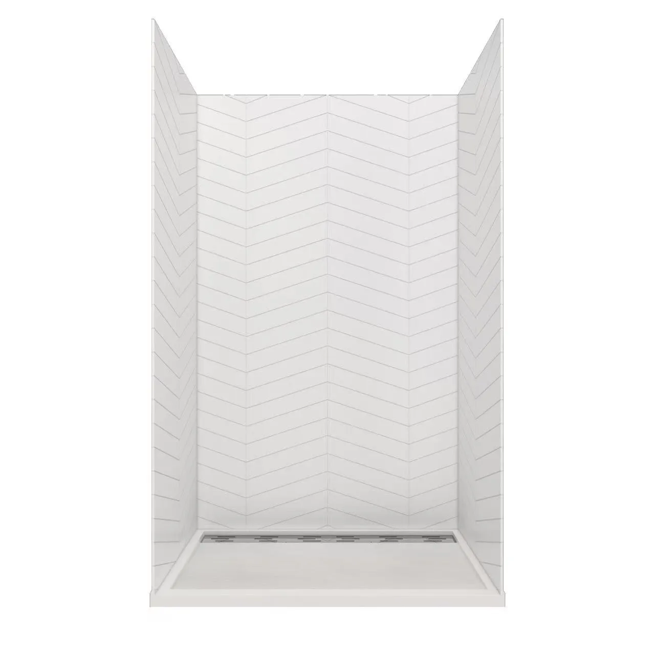 Wide Chevron Cultured Marble Shower Panels with corner shelves and dark recessed niche