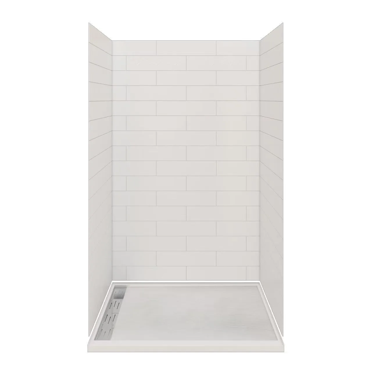 Classic Subway Tile Cultured Marble Shower Panels with corner shelves and dark recessed niche