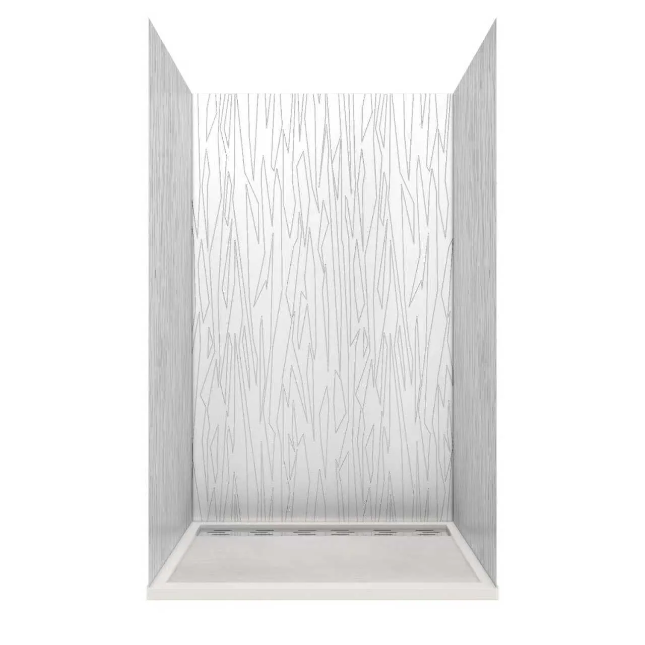 Abstract Linear Cultured Marble Shower Panels with matte black shower fixtures and recessed niche