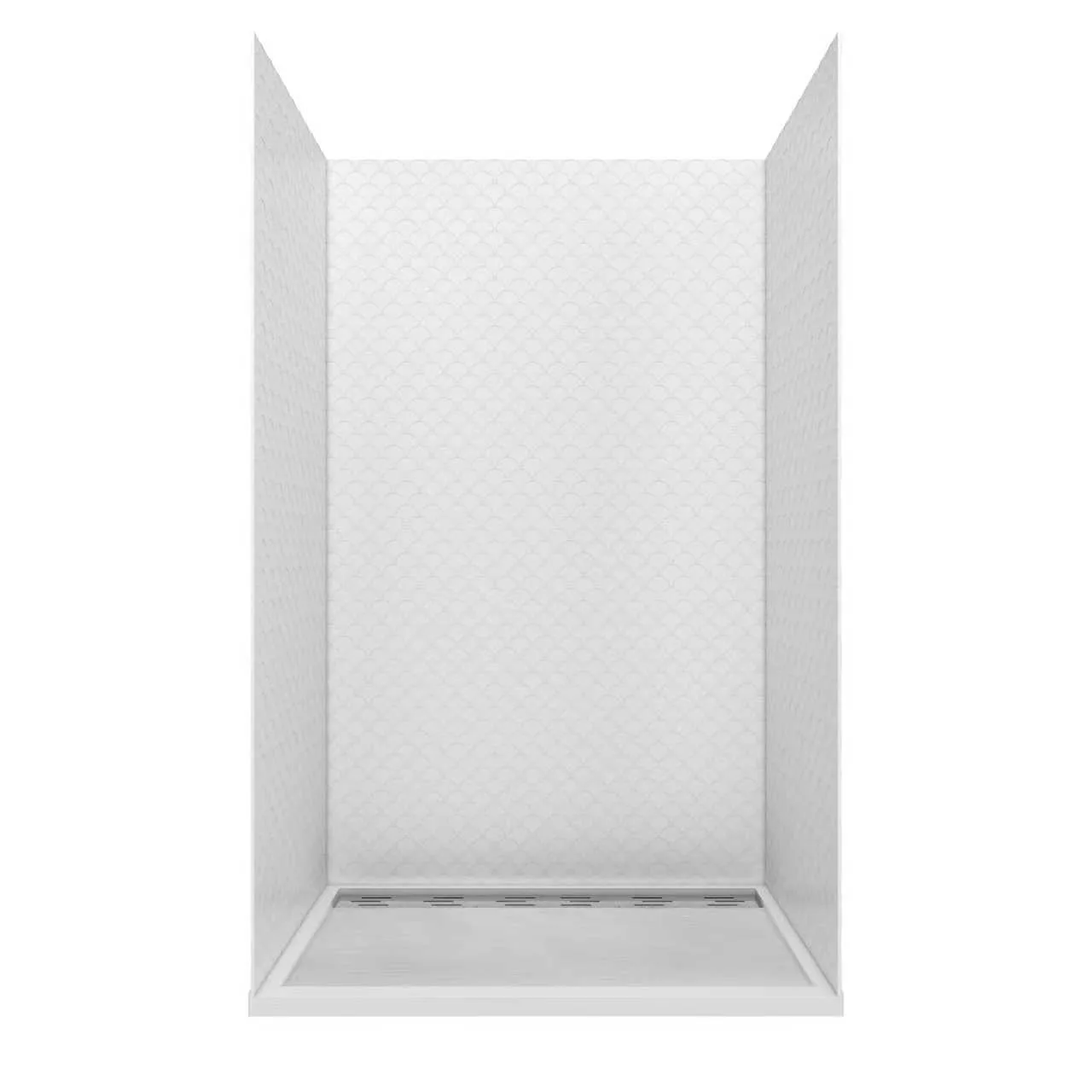 Scallop Pattern Cultured Marble Shower Panels with matte black fixtures and recessed niche