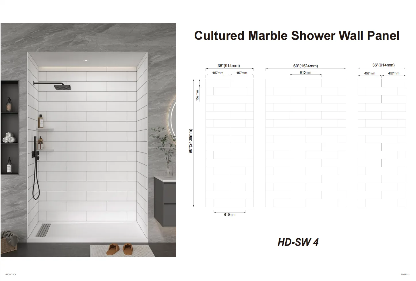 Modern bathroom featuring white subway tile cultured marble shower wall panels.