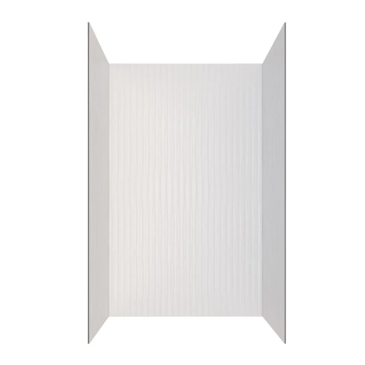 White Vertical Fluted Cultured Marble Shower Panels with corner shelves and dark recessed niche