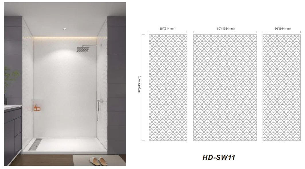 odern commercial bathroom featuring white scallop pattern cultured marble shower panels.