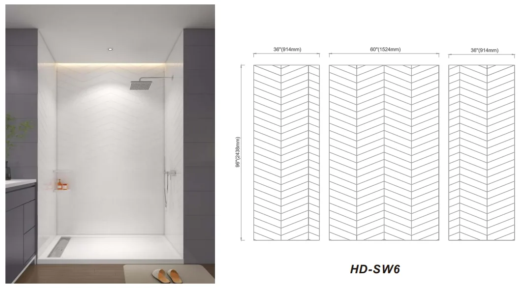 Modern commercial bathroom featuring wide chevron cultured marble shower panels