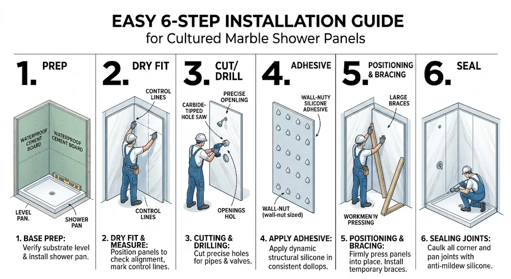 Step-by-step assembly guide infographic showing the grout-free process of installing Commercial Shower Wall Panels.