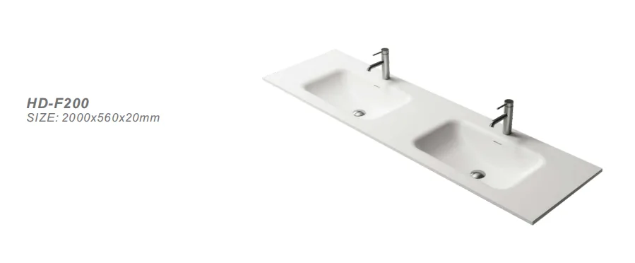 Front angle view of HD-F200 white gel-coat cultured marble double vanity top measuring 2000x560x20mm