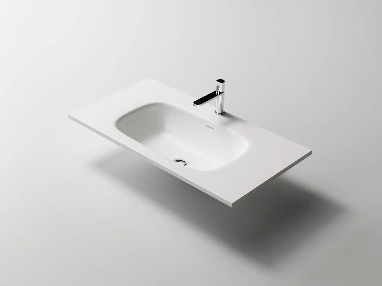 Isometric view of the HD-A100 white solid surface washbasin featuring a 20mm commercial edge profile.