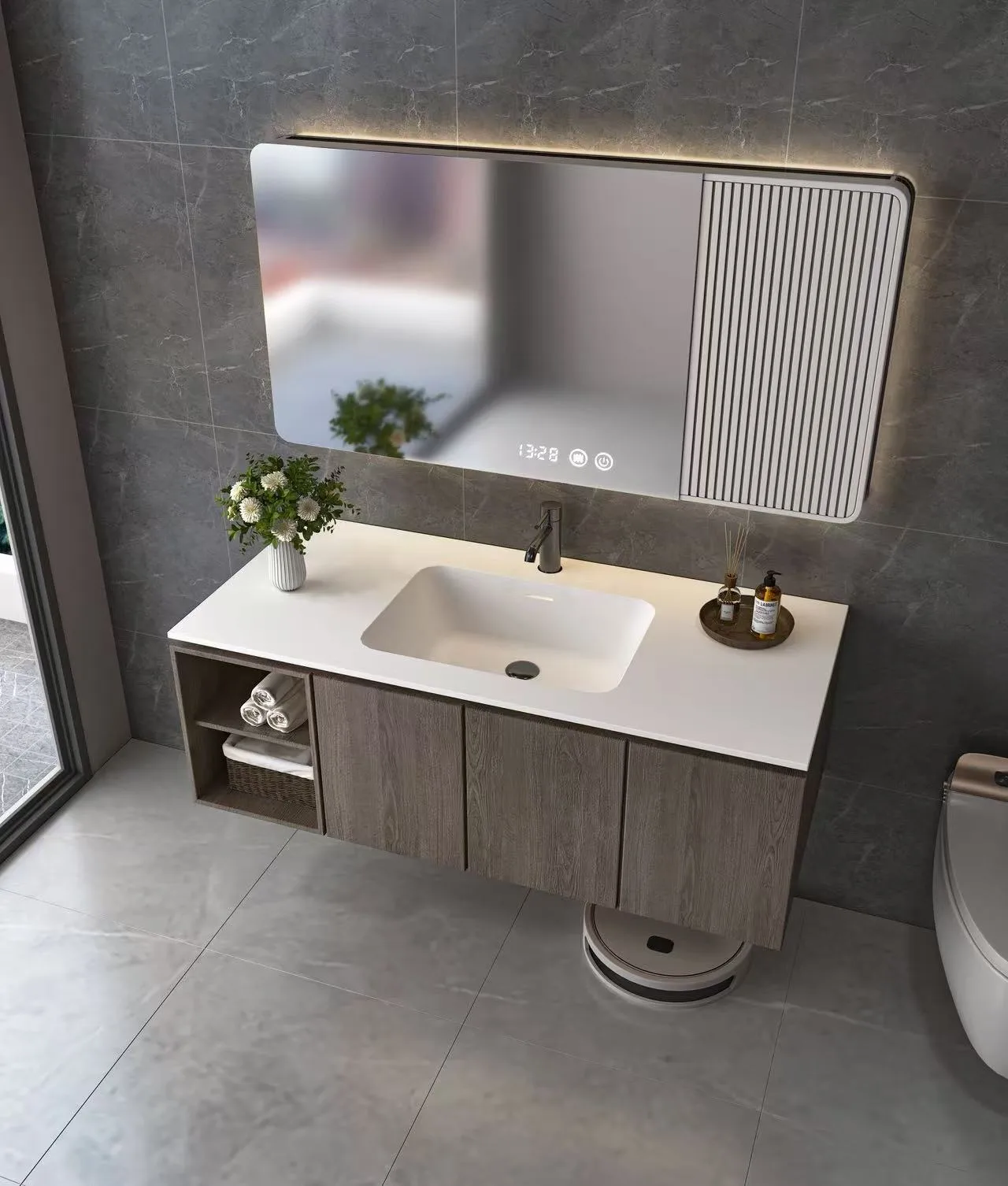 Commercial solid surface integrated sink installed on a dark wood floating vanity beneath an LED smart mirror in a modern hotel suite.