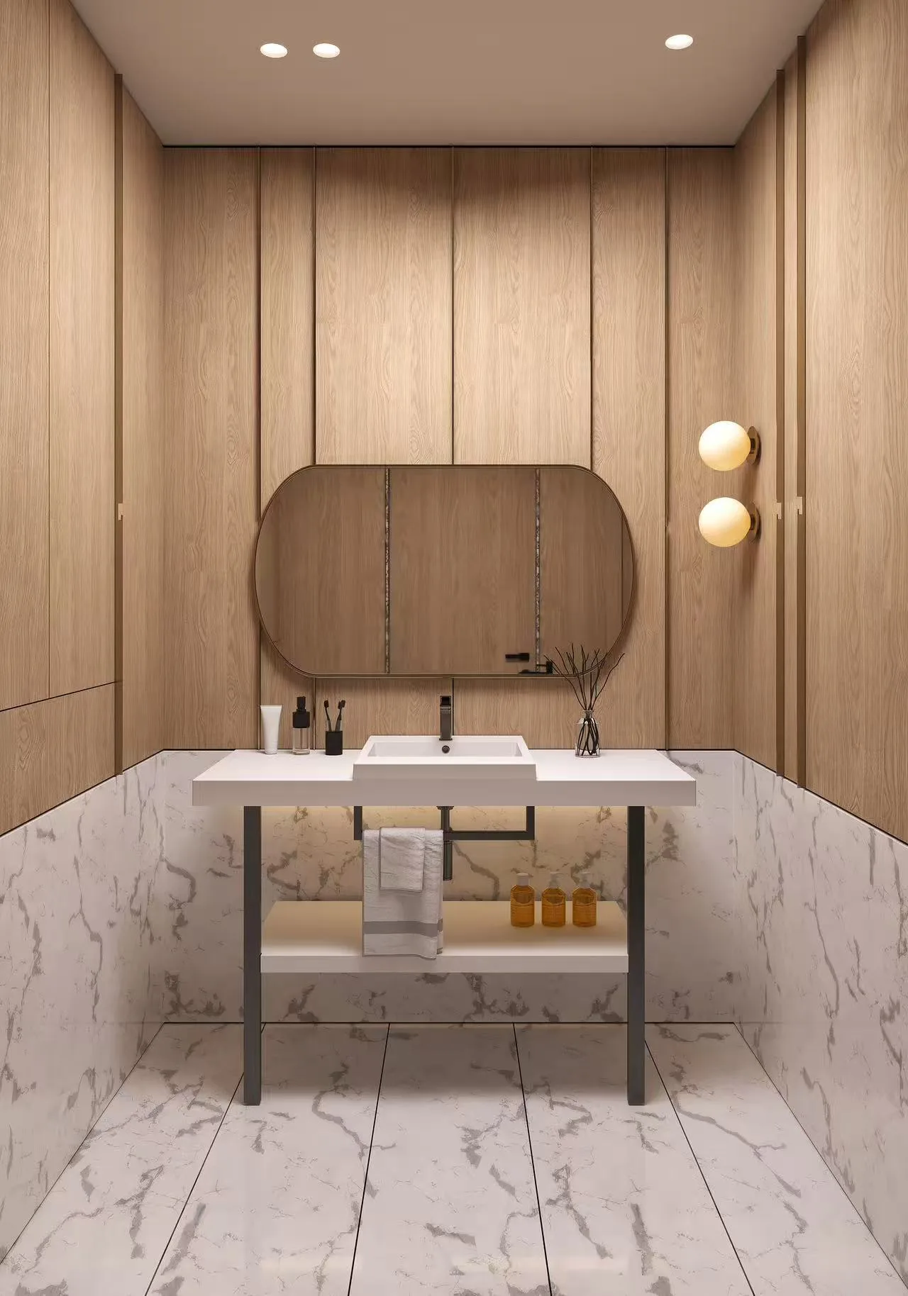 Commercial solid surface sink with a stepped basin design, installed on an open metal console frame in a luxury hotel suite.