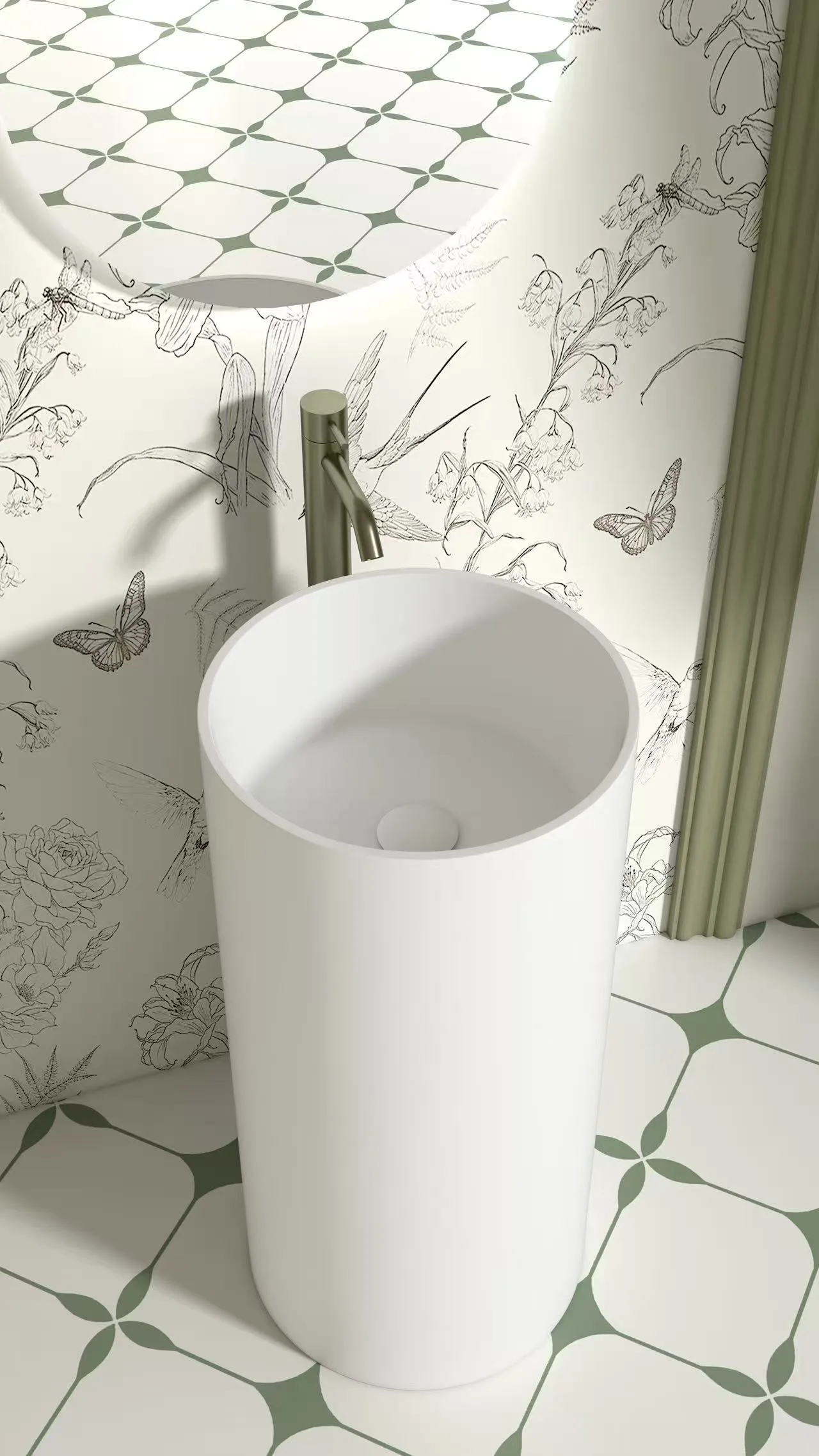 Freestanding solid surface pedestal sink featuring a seamless matte white finish and concealed plumbing.