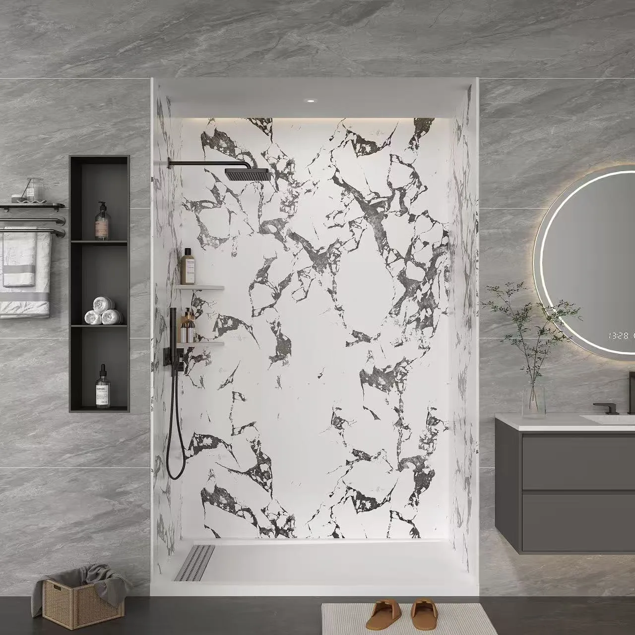 Luxury hotel bathroom rendering featuring marble-patterned solid surface shower panels and a modern dark vanity cabinet.