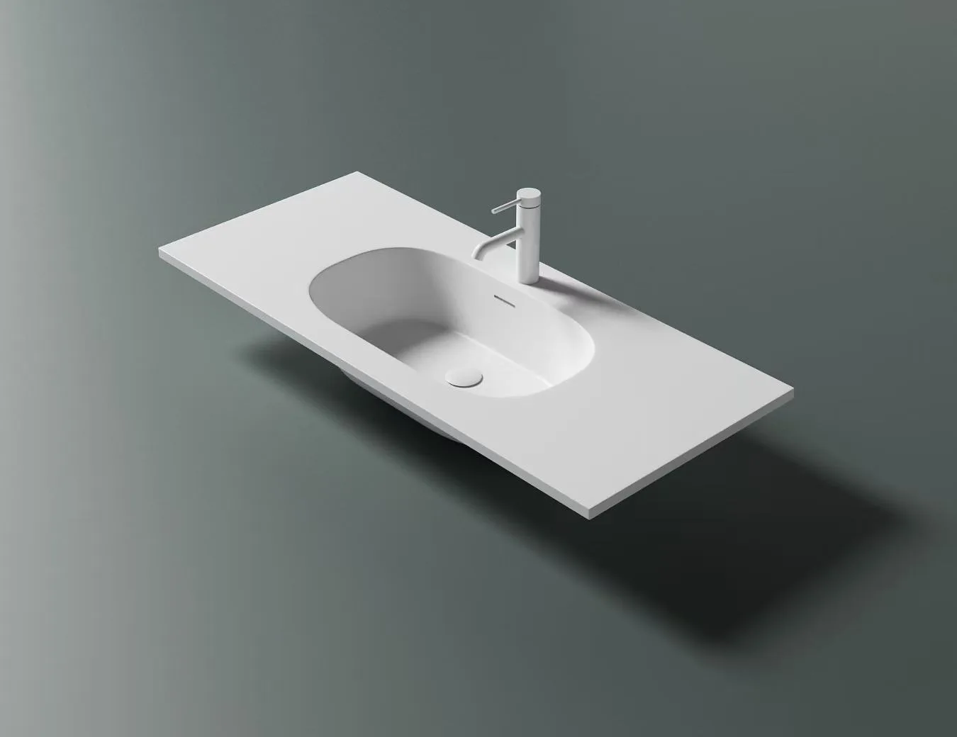 Modern Integrated Solid Surface Offset Oval Basin on dark wood vanity