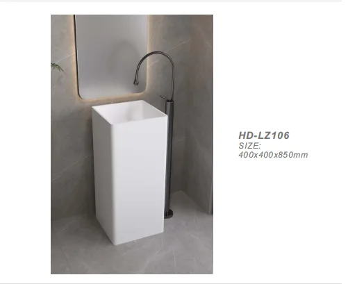 Specification rendering of the HD-LZ106 square pedestal sink detailing its 400x400x850mm monolithic commercial dimensions.