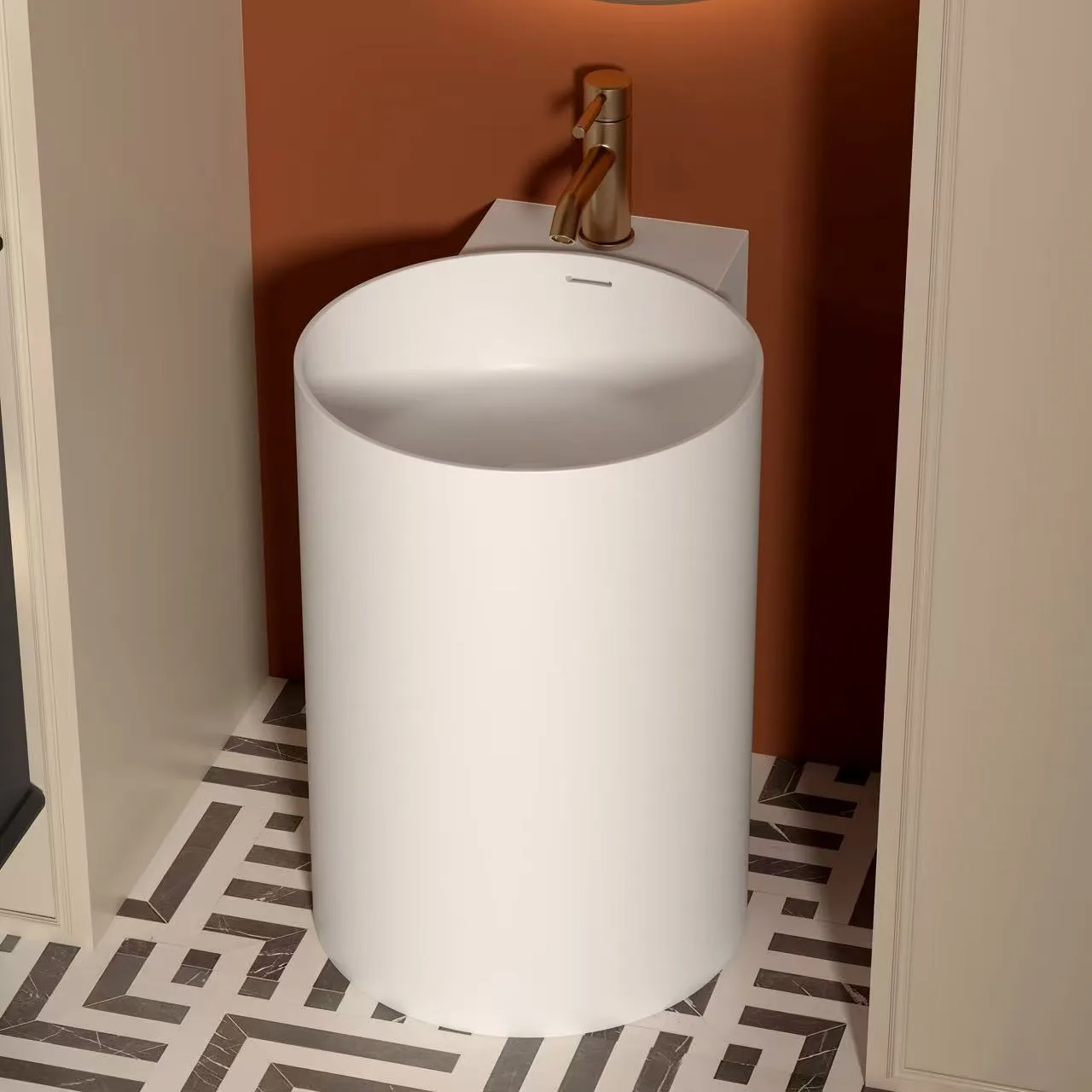 Rear view of a commercial-grade wall hung solid surface sink detailing the flat mounting block and concealed plumbing channel.