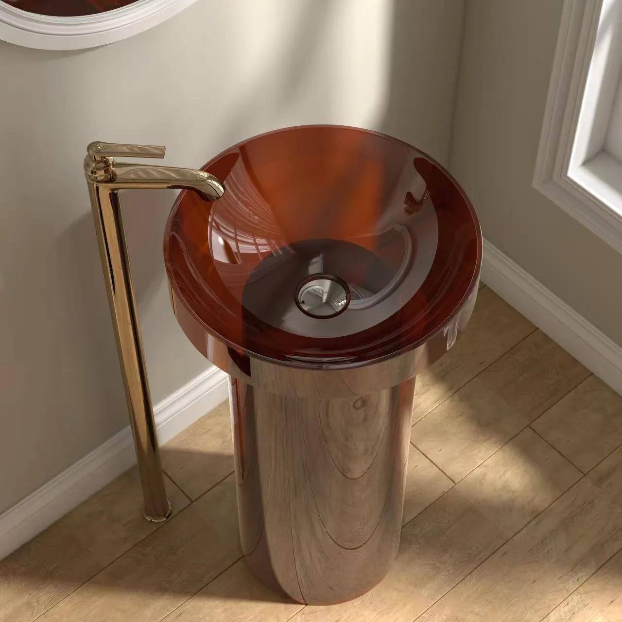 Minimalist teal translucent resin pedestal sink providing a striking sculptural focal point in a high-end commercial restroom.