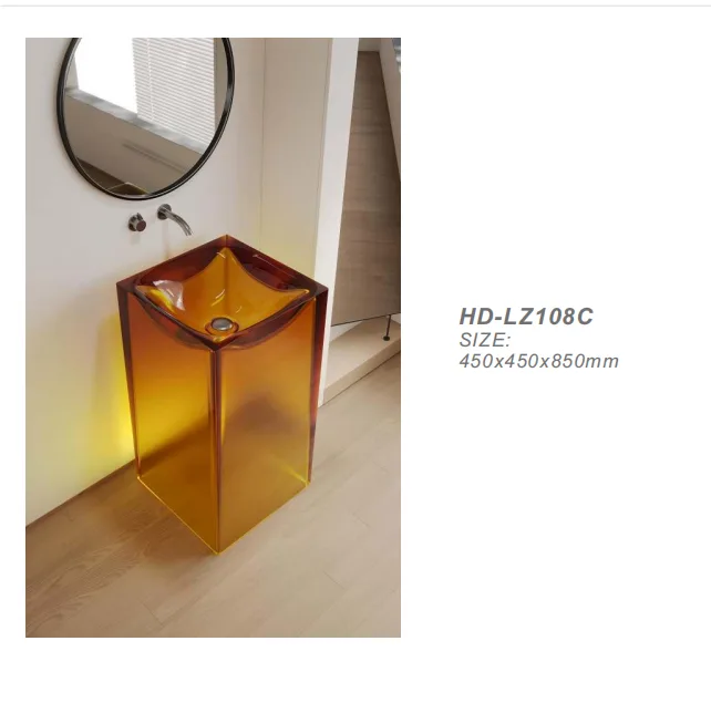 Specification rendering of the HD-LZ108C square resin pedestal sink detailing its 450x450x850mm commercial dimensions.