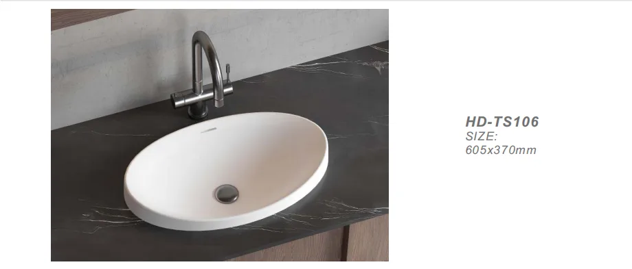 Specification rendering of the HD-TS106 oval solid surface sink detailing its 605x370mm dimensions and thin edge profile.