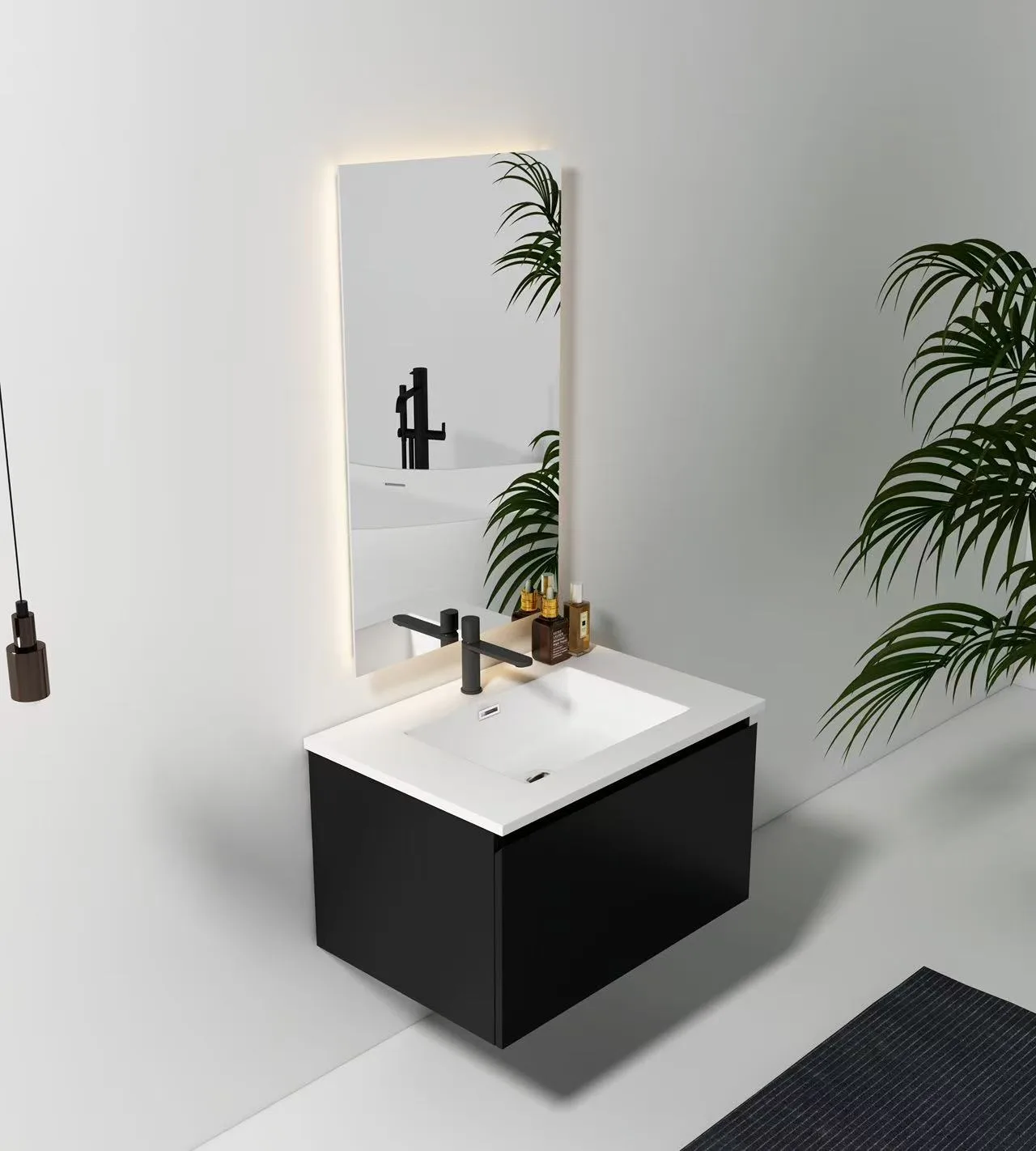 Rectangular Solid Surface Integrated Basin on black floating cabinet