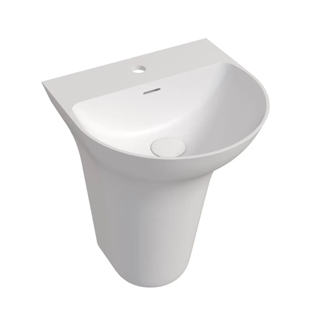 Architectural 1-piece flat-back freestanding solid surface sink providing a monolithic design for modern commercial restrooms.