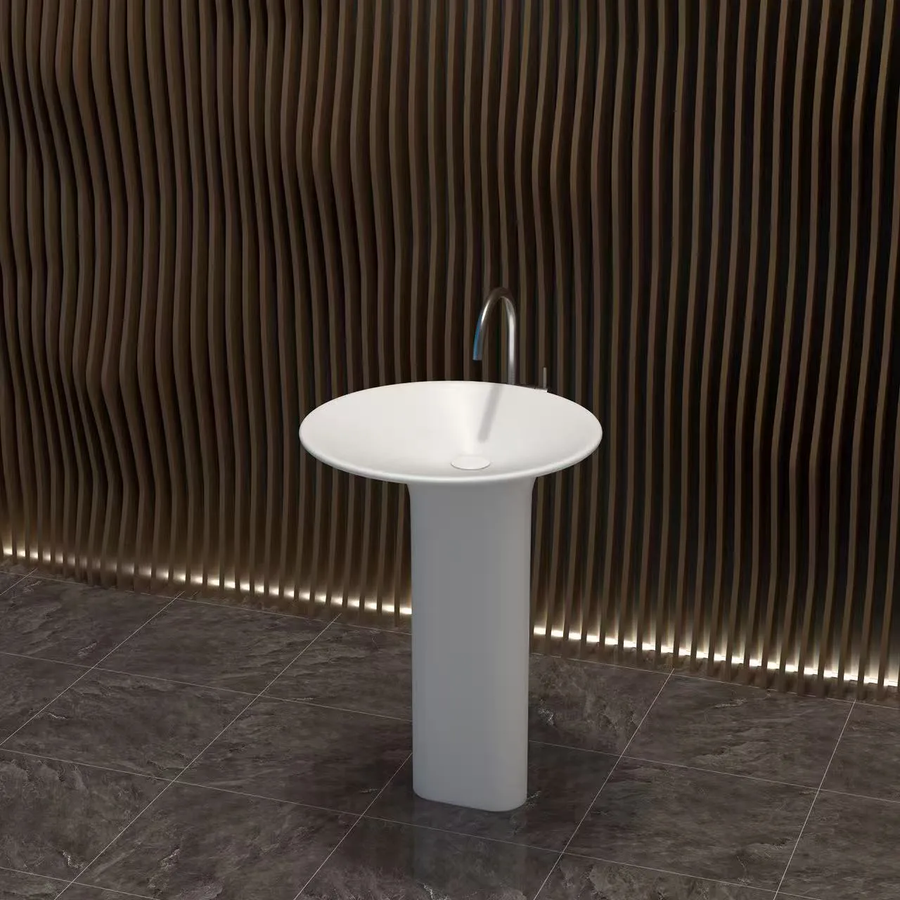 Matte white flared pedestal solid surface sink installed in an earthy minimalist luxury hotel bathroom with slatted wood walls.