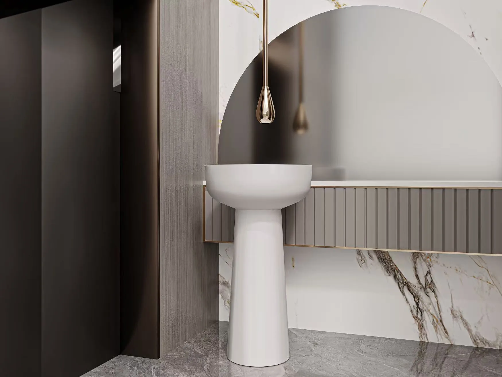 Minimalist round freestanding solid surface sink paired with a matte black floor-mounted faucet in a modern commercial restroom.