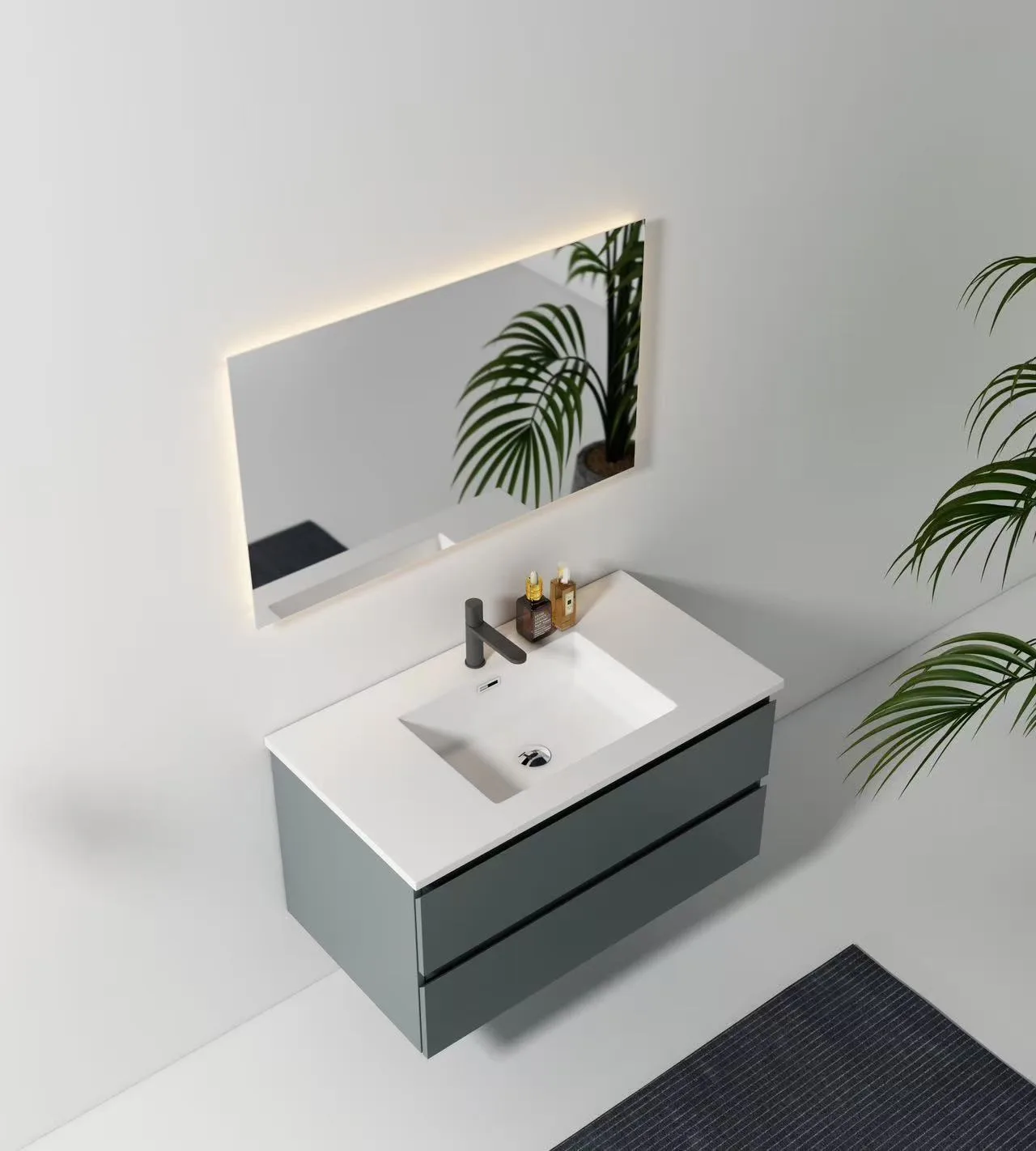 Premium Solid Surface Integrated Rectangular Sink on modern floating vanity