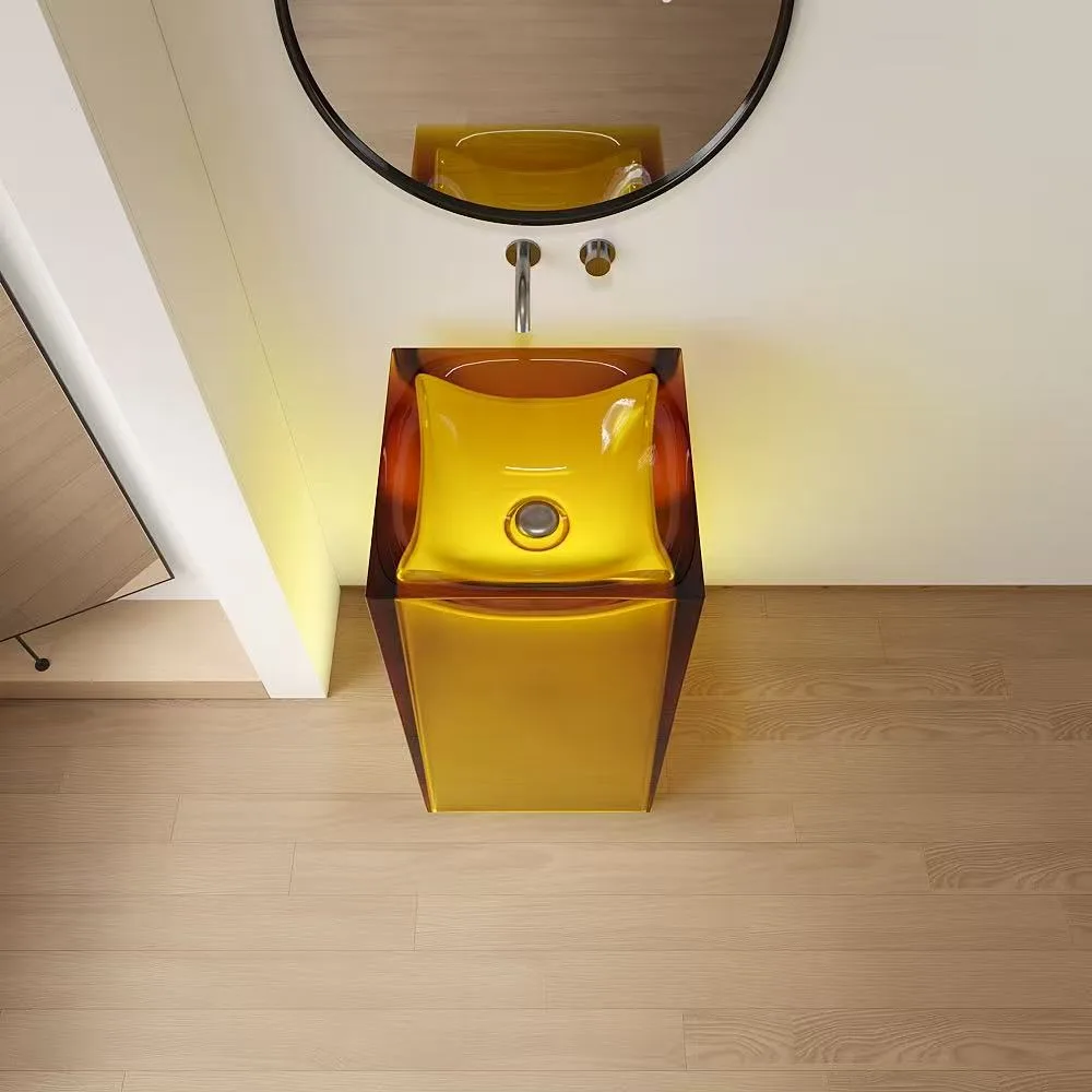 Smoked grey square resin pedestal sink demonstrating HONDAO's advanced polymer casting capabilities for modern commercial spaces.