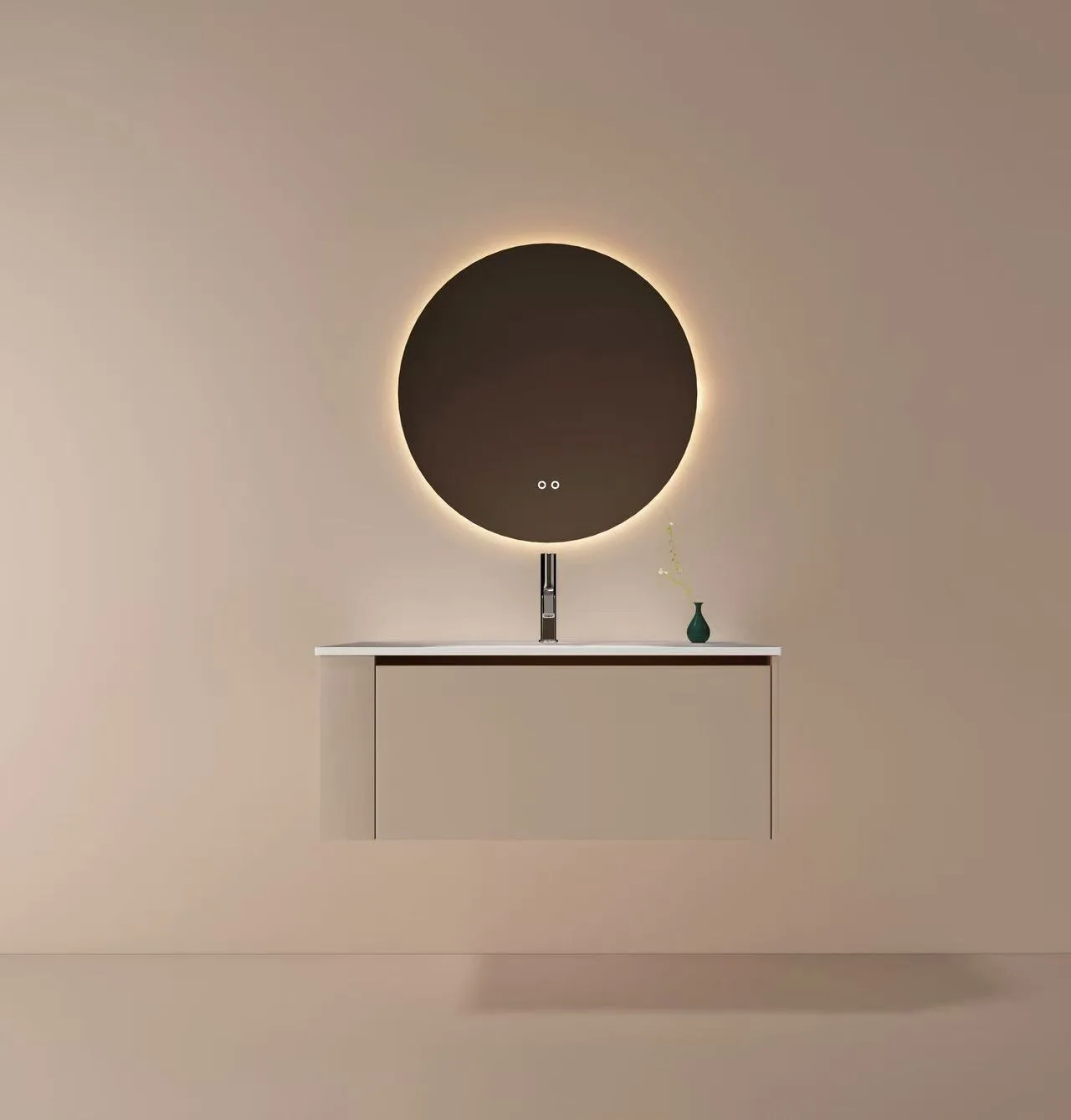 White integrated cultured marble single vanity top installed on a modern floating cabinet beneath a backlit LED mirror.