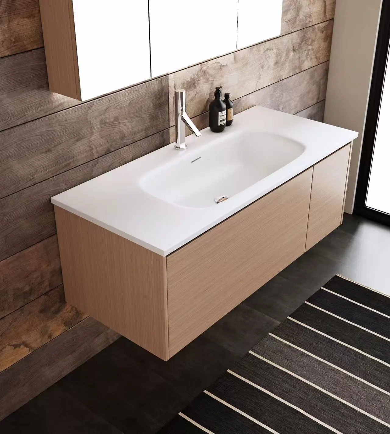 Minimalist hotel bathroom featuring a white solid surface vanity top with a seamless 20mm flat edge profile.