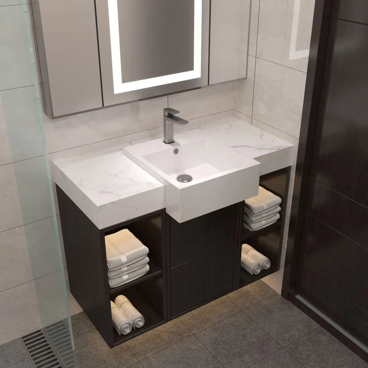 Seamless commercial solid surface sink mounted on a dark wood cabinet, separating the wet zone from the dry amenity deck.