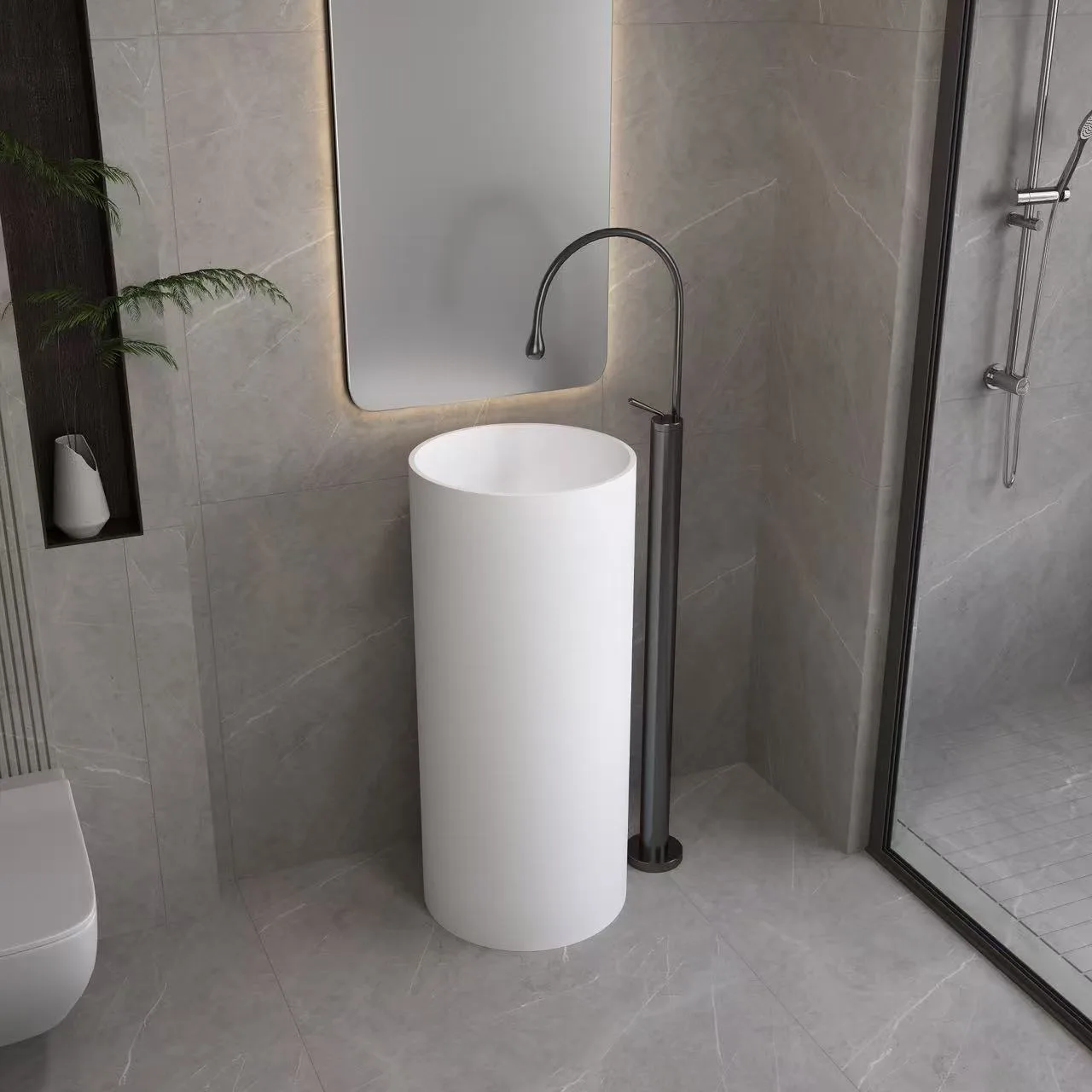 Specification rendering of the HD-LZ107 solid surface pedestal sink displaying the 400x850mm commercial dimensions.