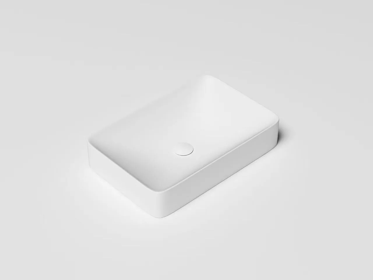 Commercial-grade rectangular solid surface sink installed on a floating wood veneer vanity cabinet in a modern hospitality setting.