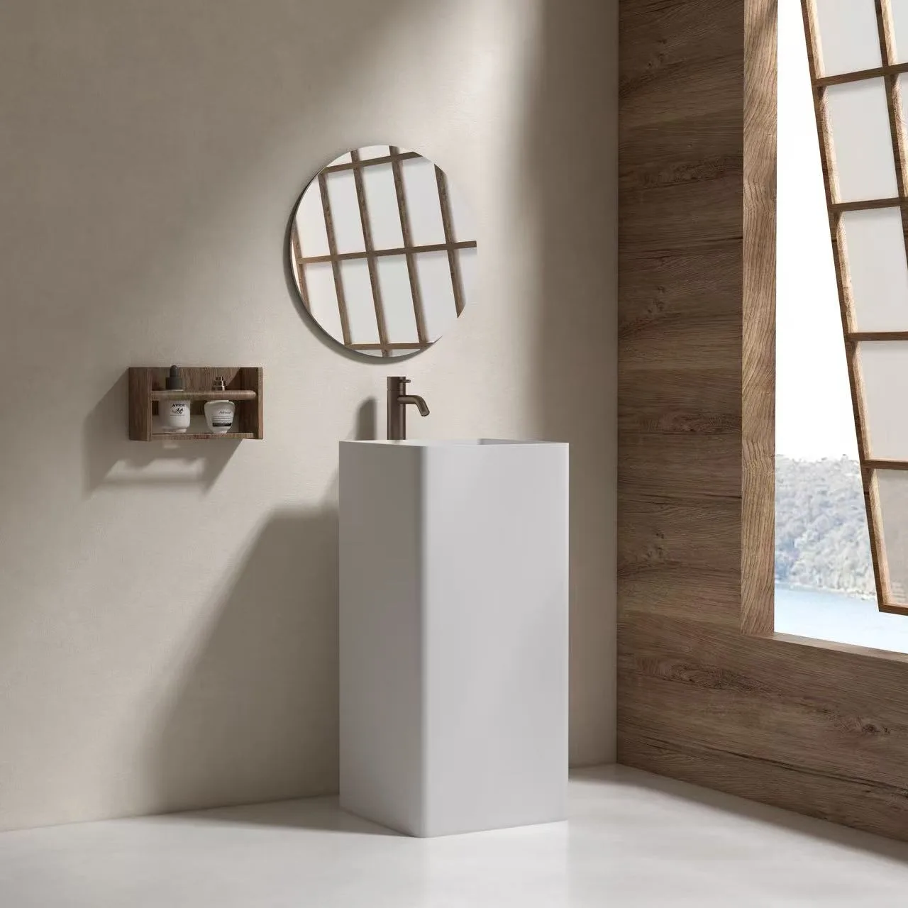 Architectural 1-piece square pedestal sink installed in a luxury boutique hotel featuring a minimalist wooden mirror.