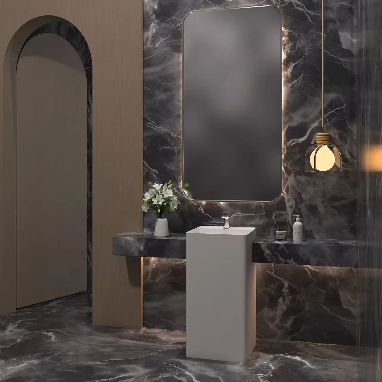 Architectural 1-piece contemporary pedestal sink installed in a luxury boutique hotel featuring dark marble walls.