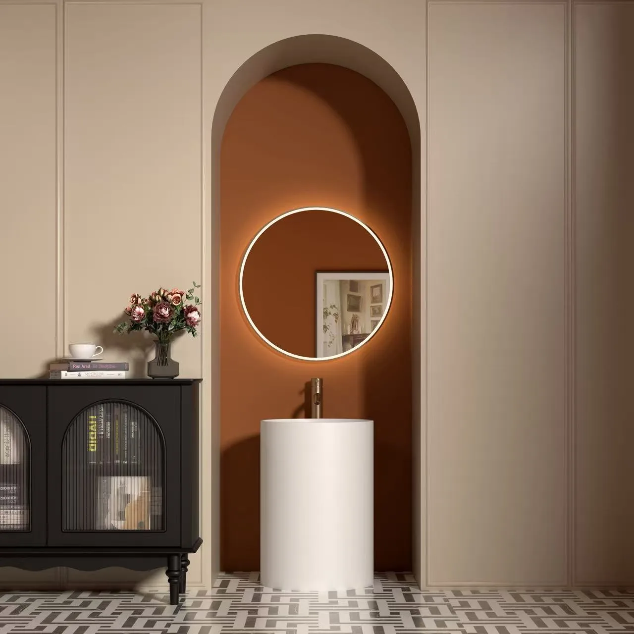 Architectural 1-piece wall hung solid surface sink installed in a luxury boutique hotel powder room with terracotta walls.