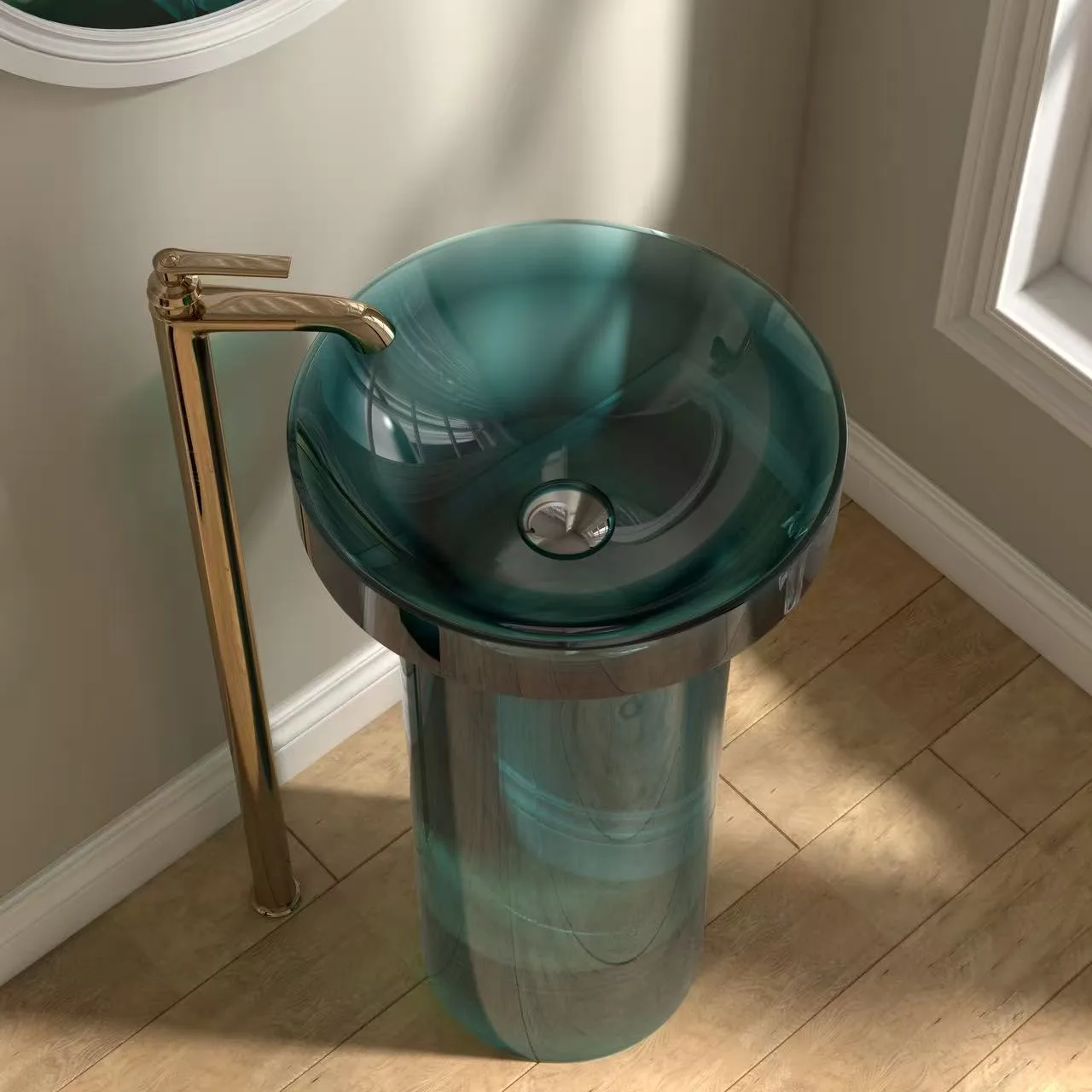 Top-down perspective of a homogenous translucent resin pedestal sink showcasing its flared basin and deep color saturation.