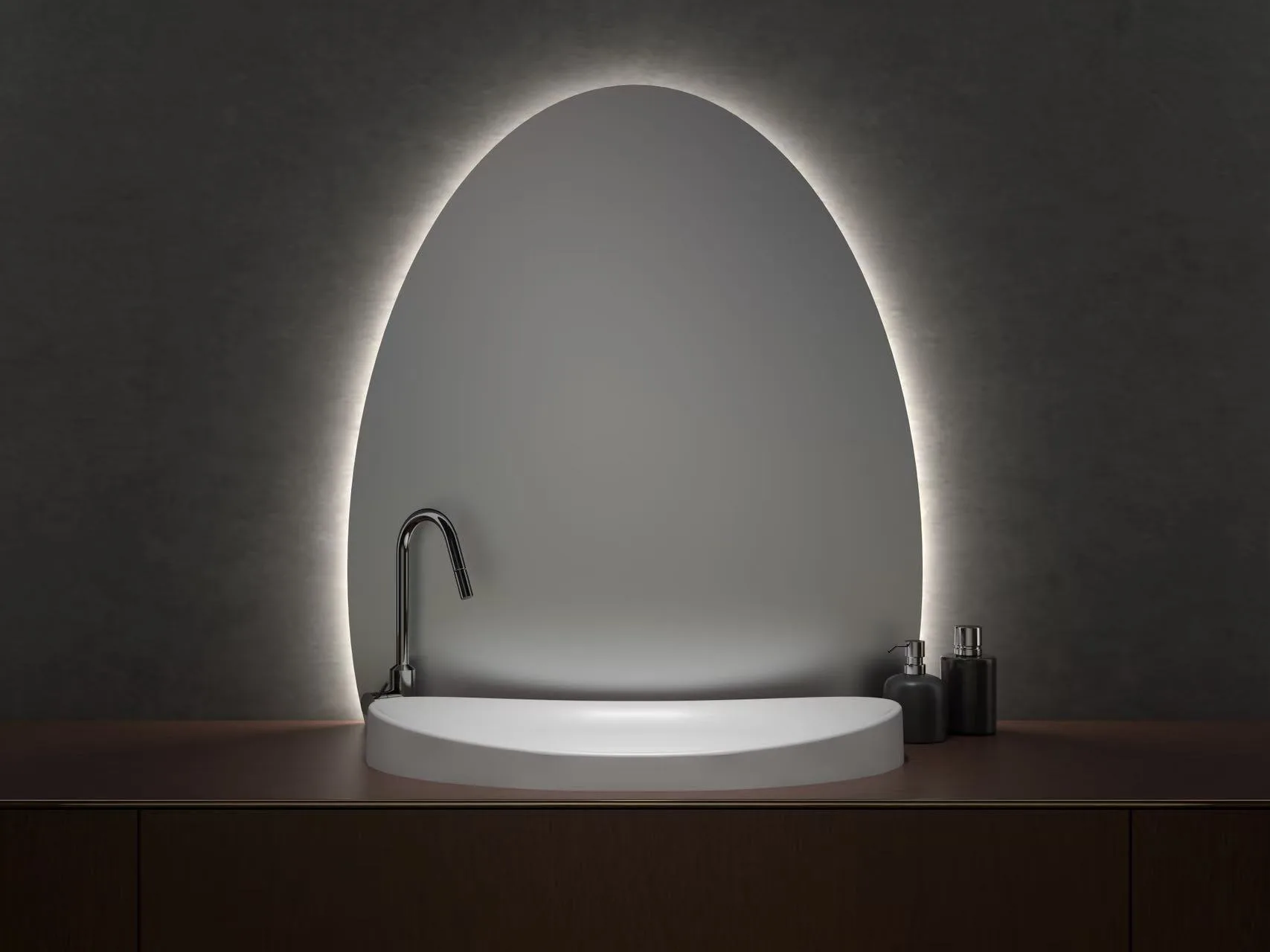 Architectural 1-piece oval solid surface sink featuring a highly durable thin edge profile for luxury commercial restrooms.