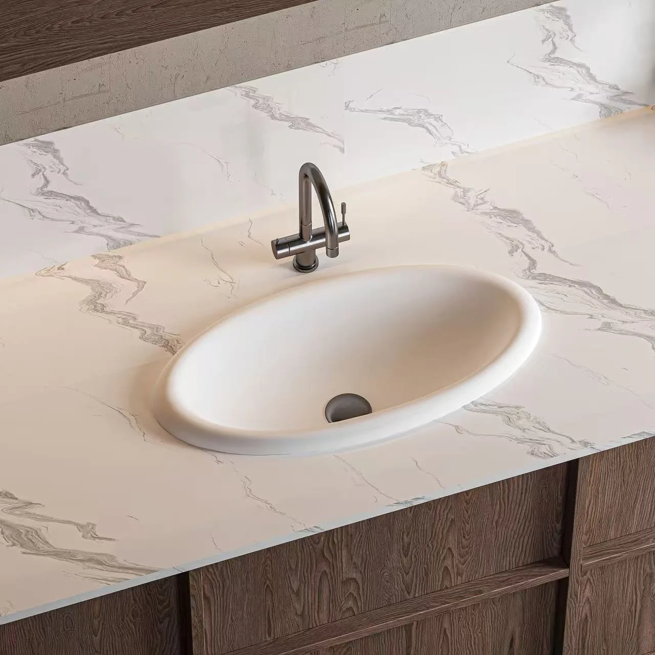 Matte white Rectangular Undermount Solid Surface Sink showing the flat mounting rim and radiused inner corners for easy commercial maintenance.