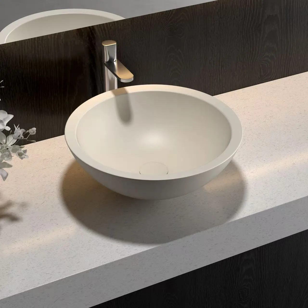 Classic matte white Round Solid Surface Vessel Sink providing a durable, monolithic design for modern commercial restrooms.