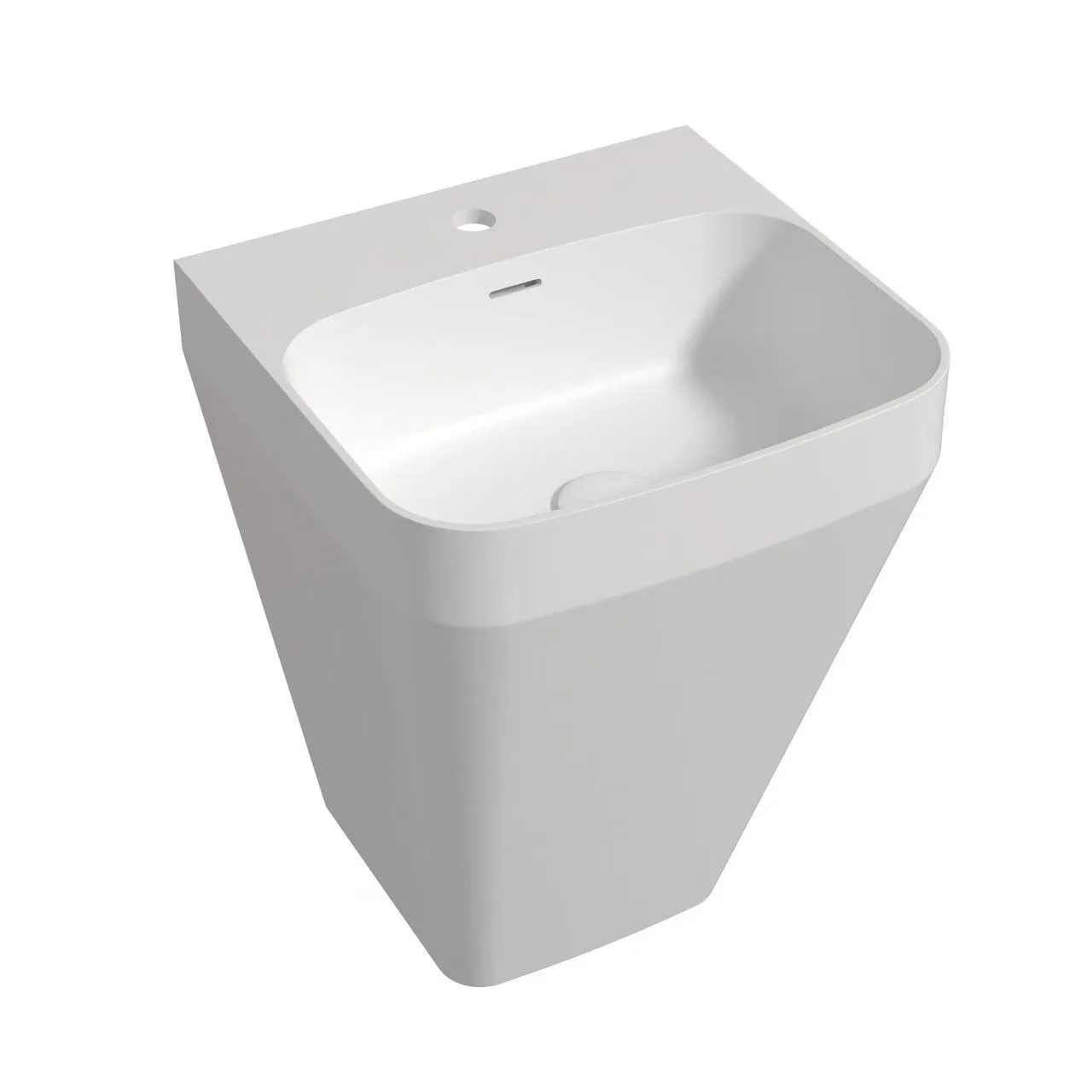 Architectural 1-piece flat-back freestanding solid surface sink providing a monolithic space-saving design for commercial restrooms.
