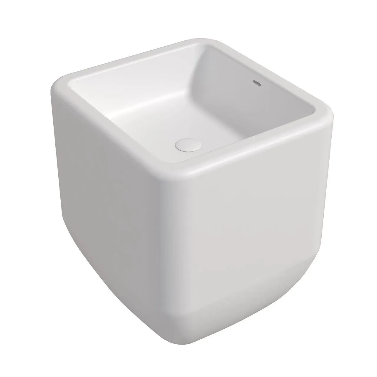 Architectural isometric view of a flat-back square freestanding solid surface sink featuring a slotted overflow.
