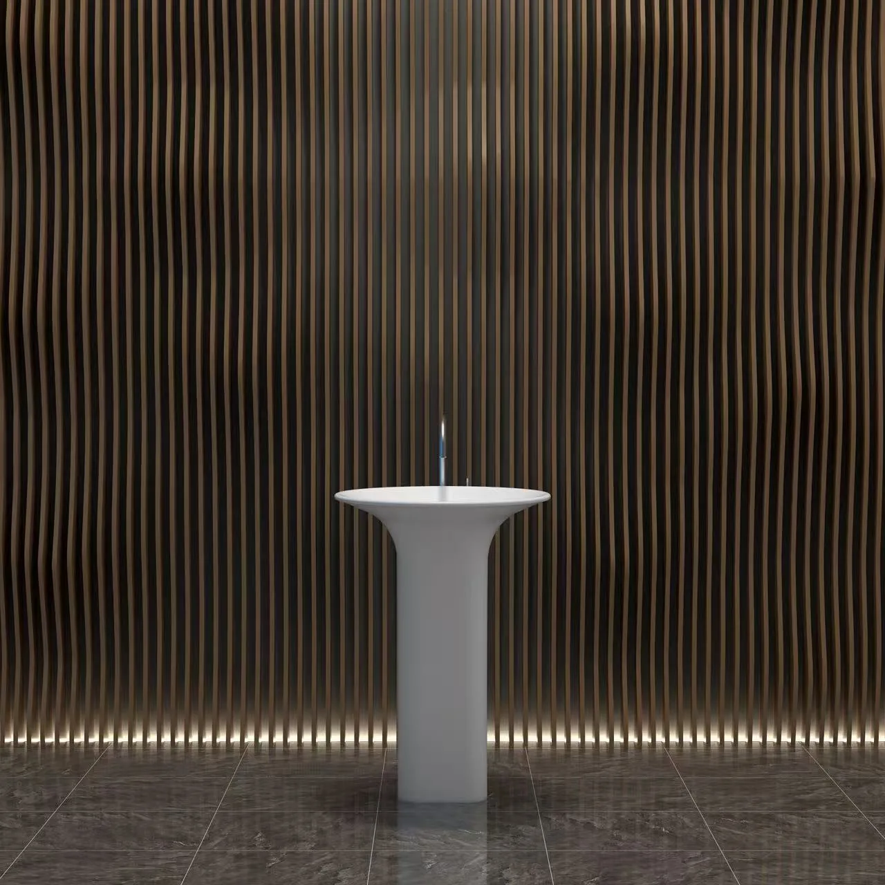 Isolated isometric view of a goblet-shaped pedestal solid surface sink demonstrating HONDAO's advanced polymer casting capabilities.