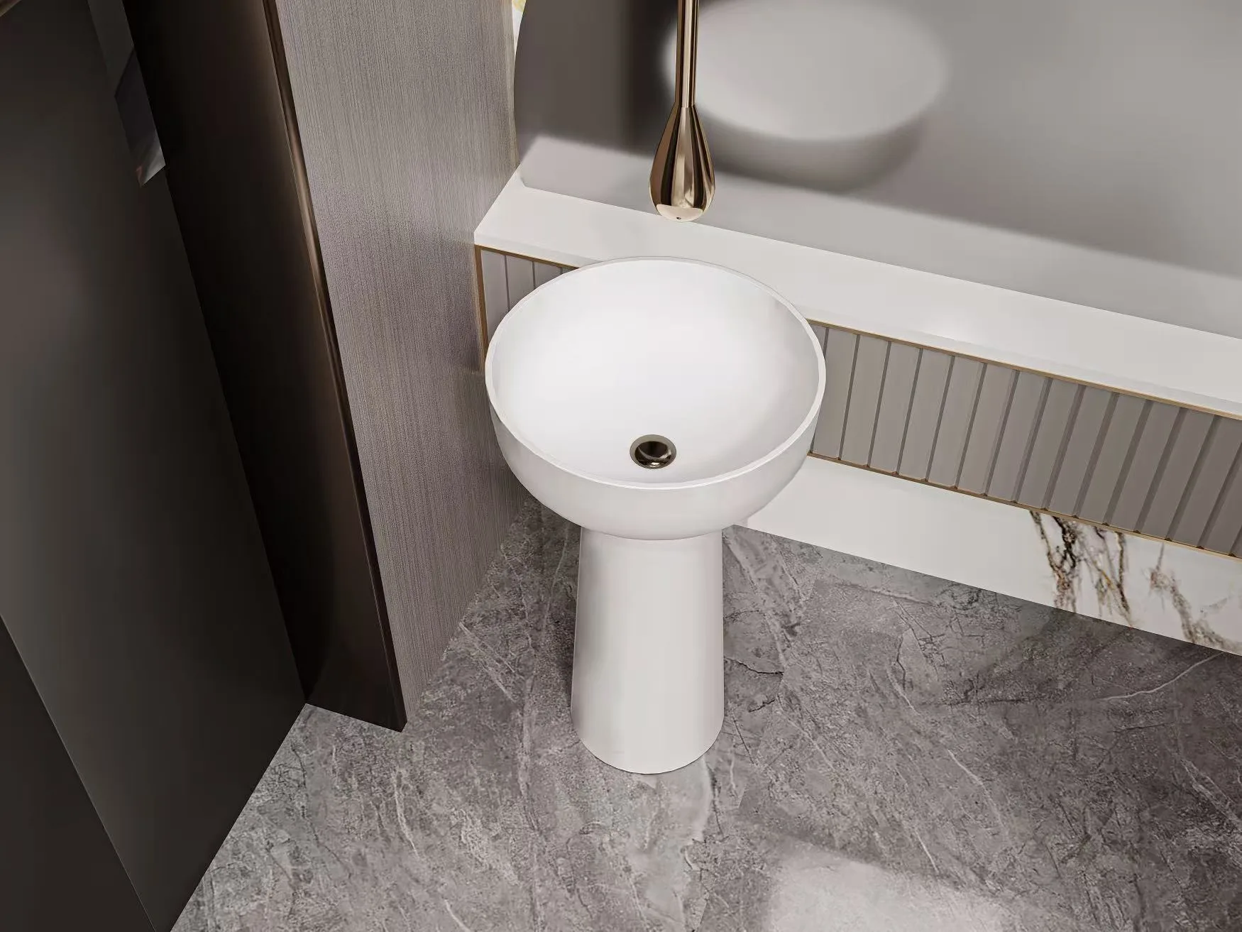 Architectural high-angle view of a round freestanding solid surface sink showcasing its organic mushroom-like bowl and seamless cylindrical pedestal.