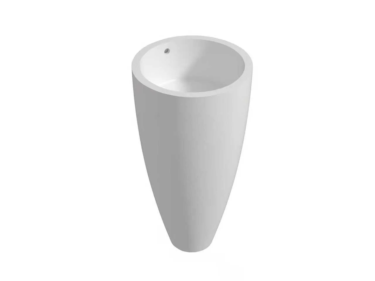 Architectural isolated view of a conical tapered freestanding solid surface sink demonstrating its space-saving footprint.