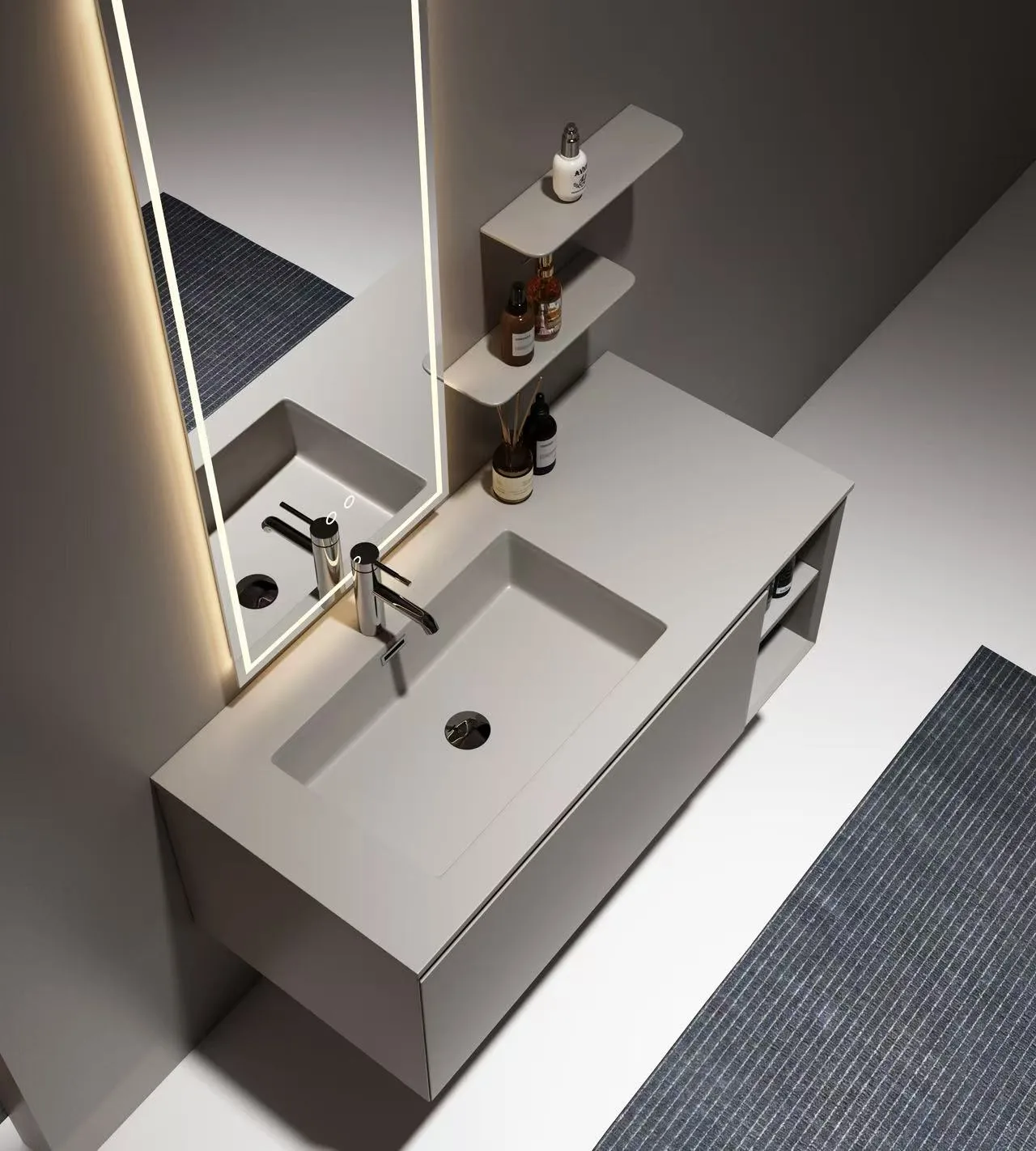 Integrated Solid Surface Rectangular Sink on custom floating bathroom vanity