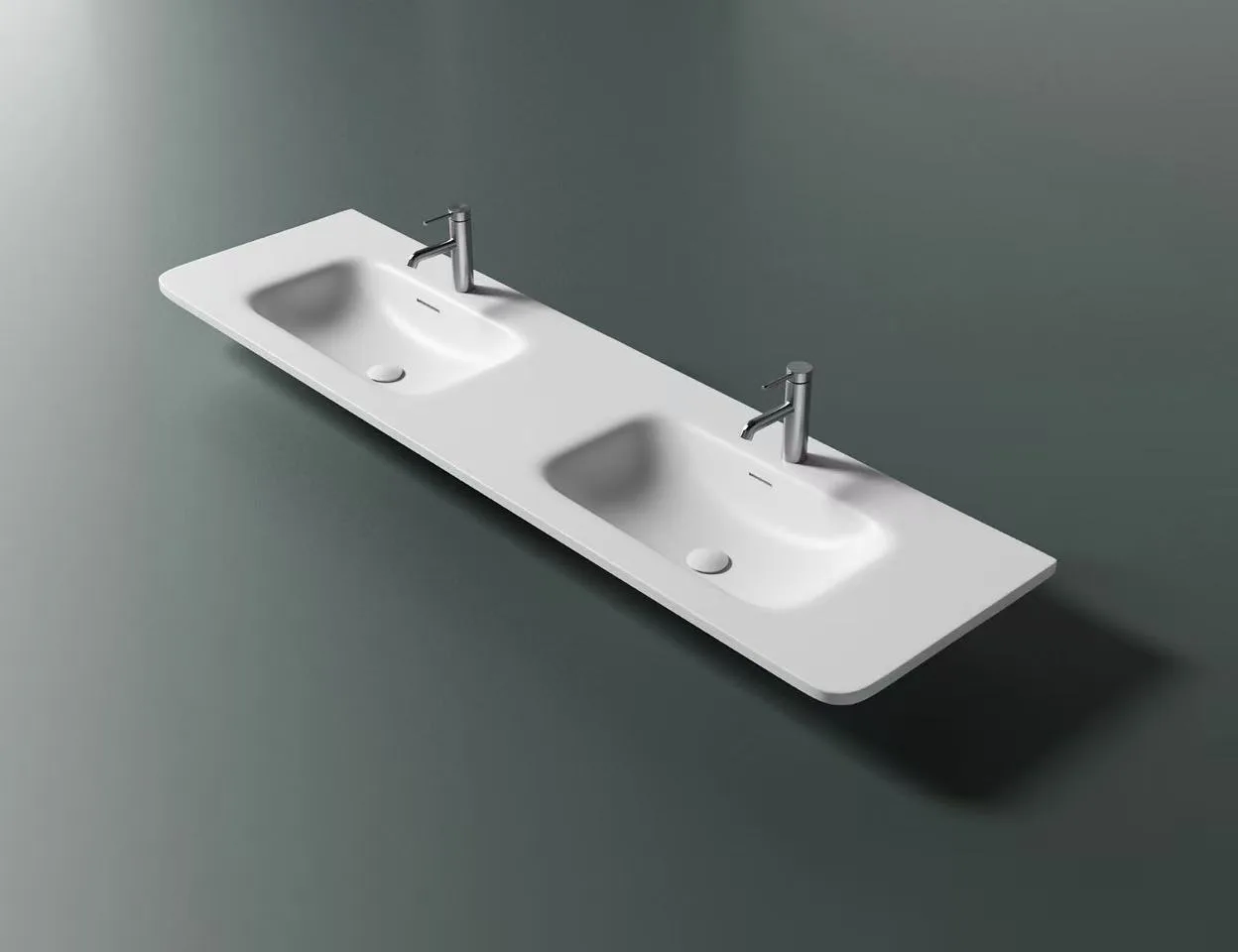 Top-down perspective of a seamless white cultured marble double vanity top highlighting the anti-splash basin depth.