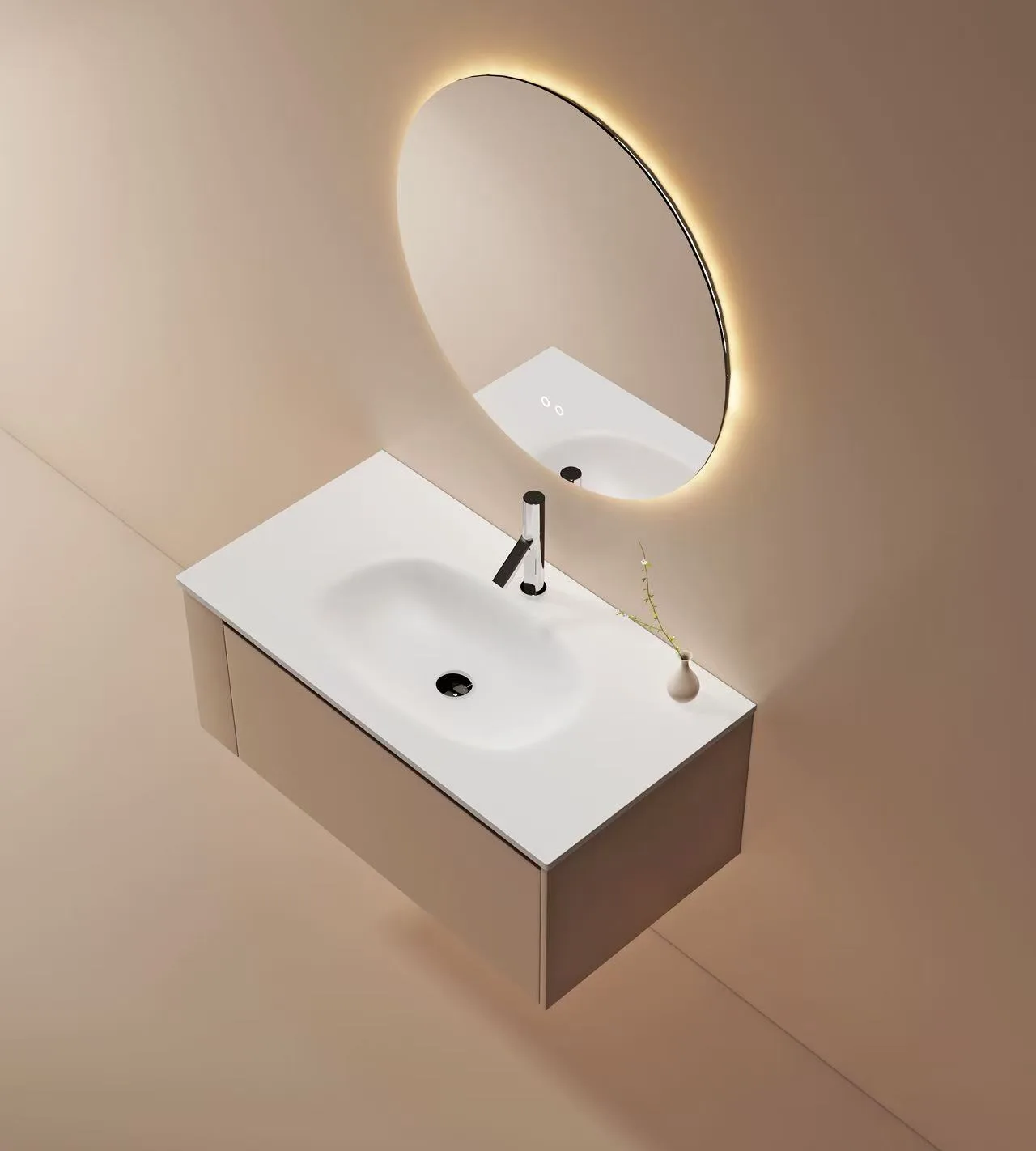 White integrated cultured marble single vanity top installed on a modern floating cabinet beneath a backlit LED mirror.