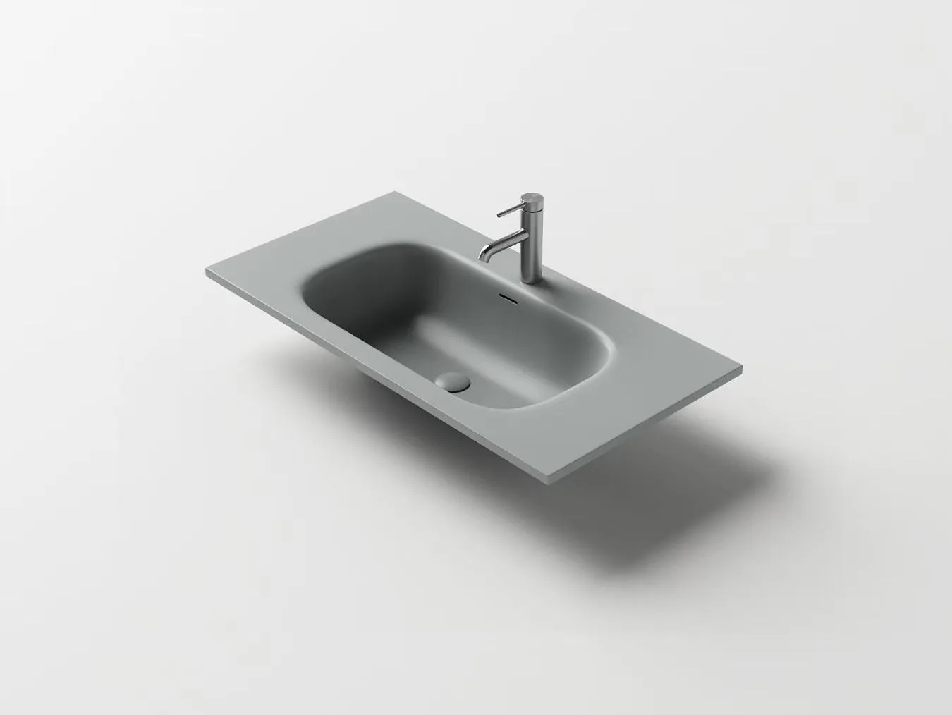 Concrete grey 1-piece solid surface washbasin demonstrating color versatility in commercial bathroom fixtures.