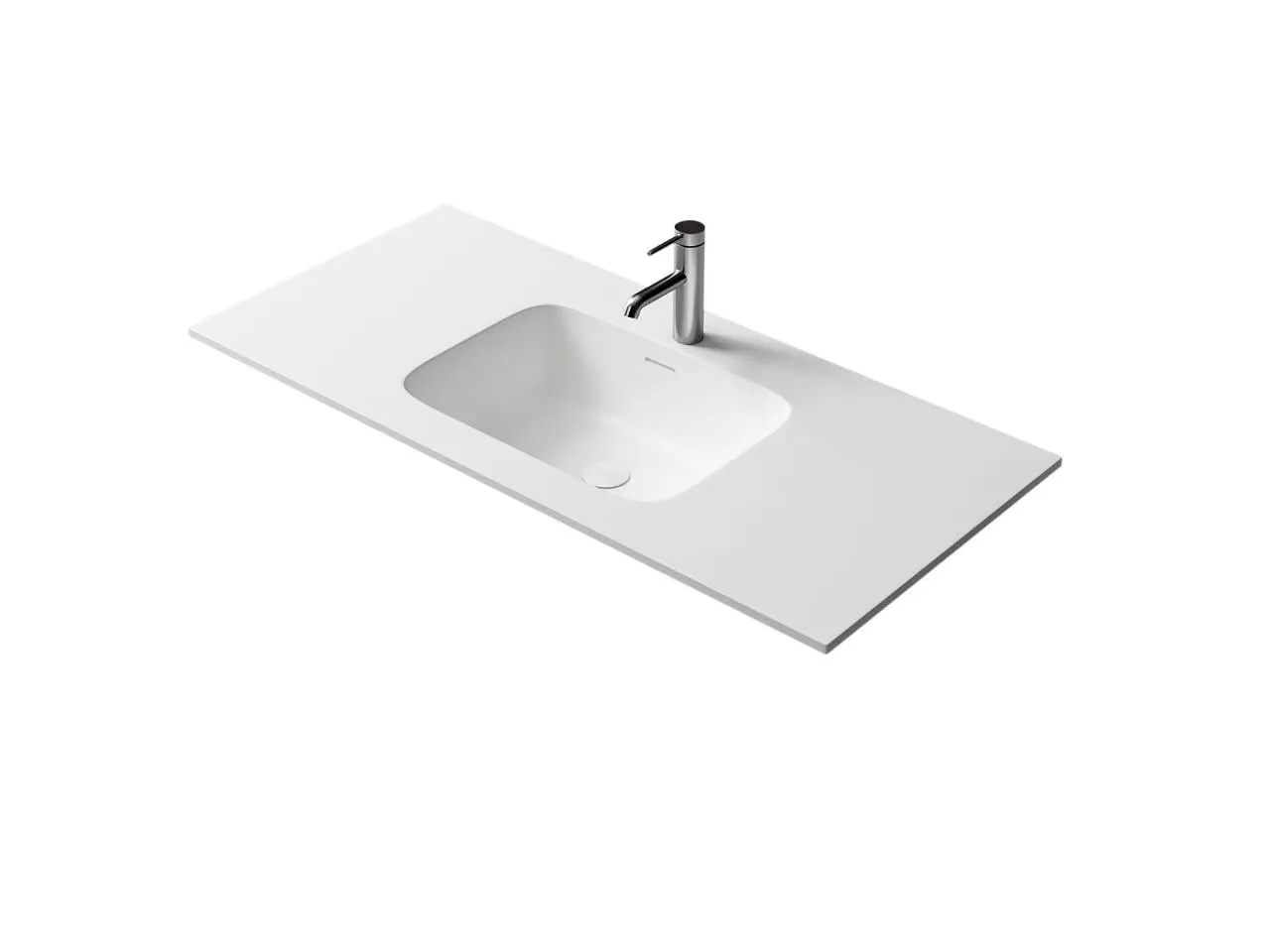 Minimalist single basin solid surface integrated sink engineered for rapid installation in hospitality bathroom projects.