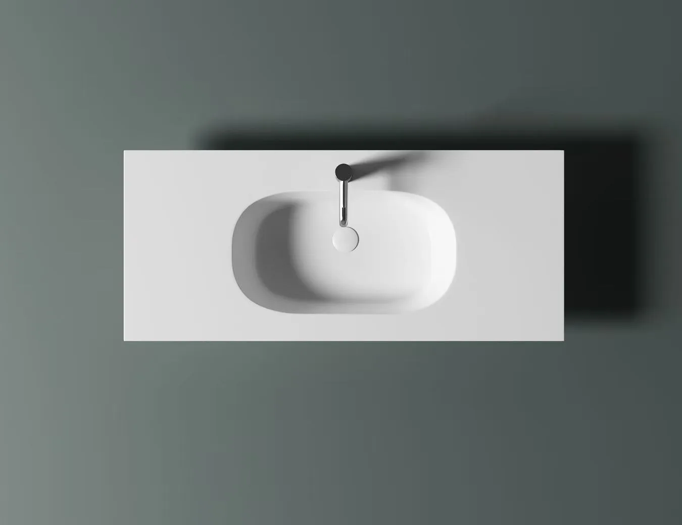 Modern Integrated Solid Surface Offset Oval Basin on dark wood vanity